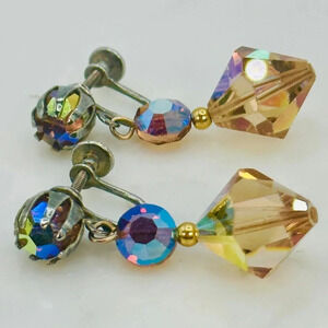 Vintage Crystal Drop Earrings Aurora Borealis Fire Iridescent Screw Back…